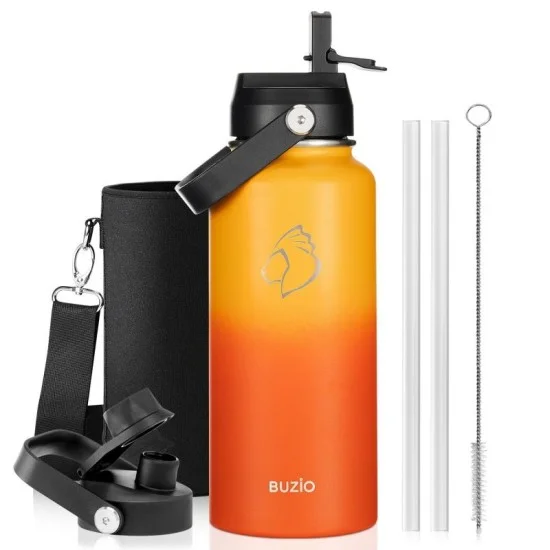 Buzio Duet Series Water Bottle with 2 Lids and Sleeve 1.2L - Yellow Orange